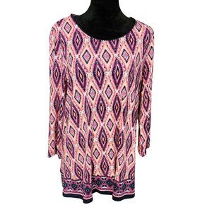 Kim Rogers Blouse XL Pink Combo Tribal Ikat Print 3/4 Sleeve Swing Tunic Top NWT